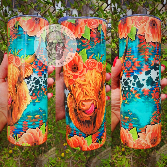 Floral Highland Cow Aztec 20oz Tumbler